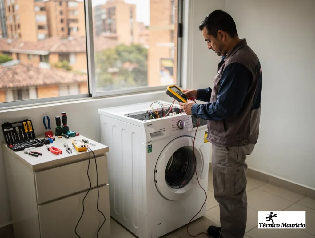 Técnico revisando arreglo de lavadoras en Chicó Reservado en un apartamento de Bogotá