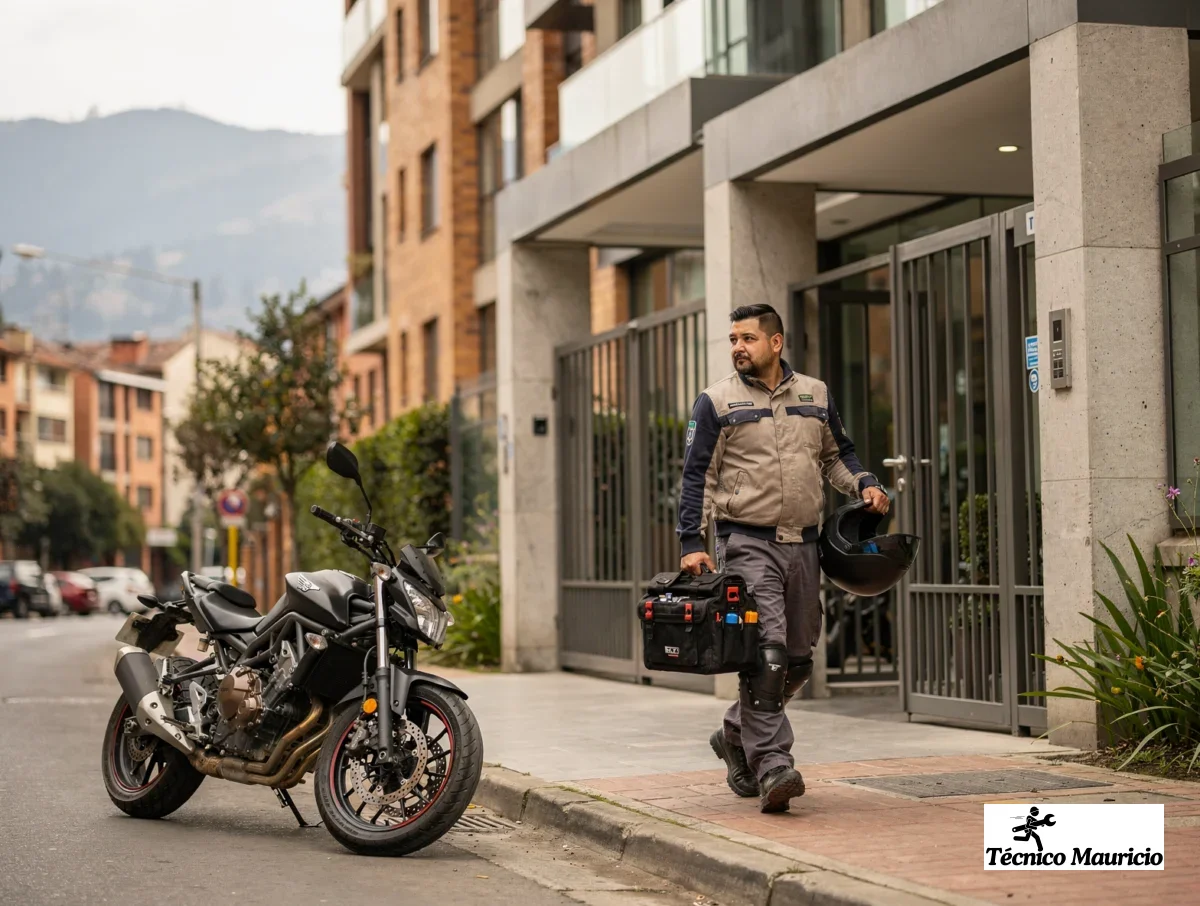 Técnico llegando en moto a un edificio residencial para una visita de servicio