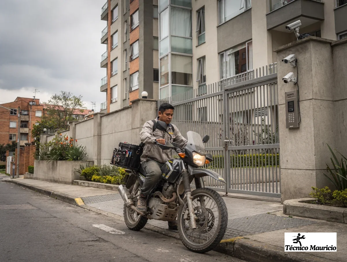Técnico llegando en moto a un edificio residencial para atender una secadora
