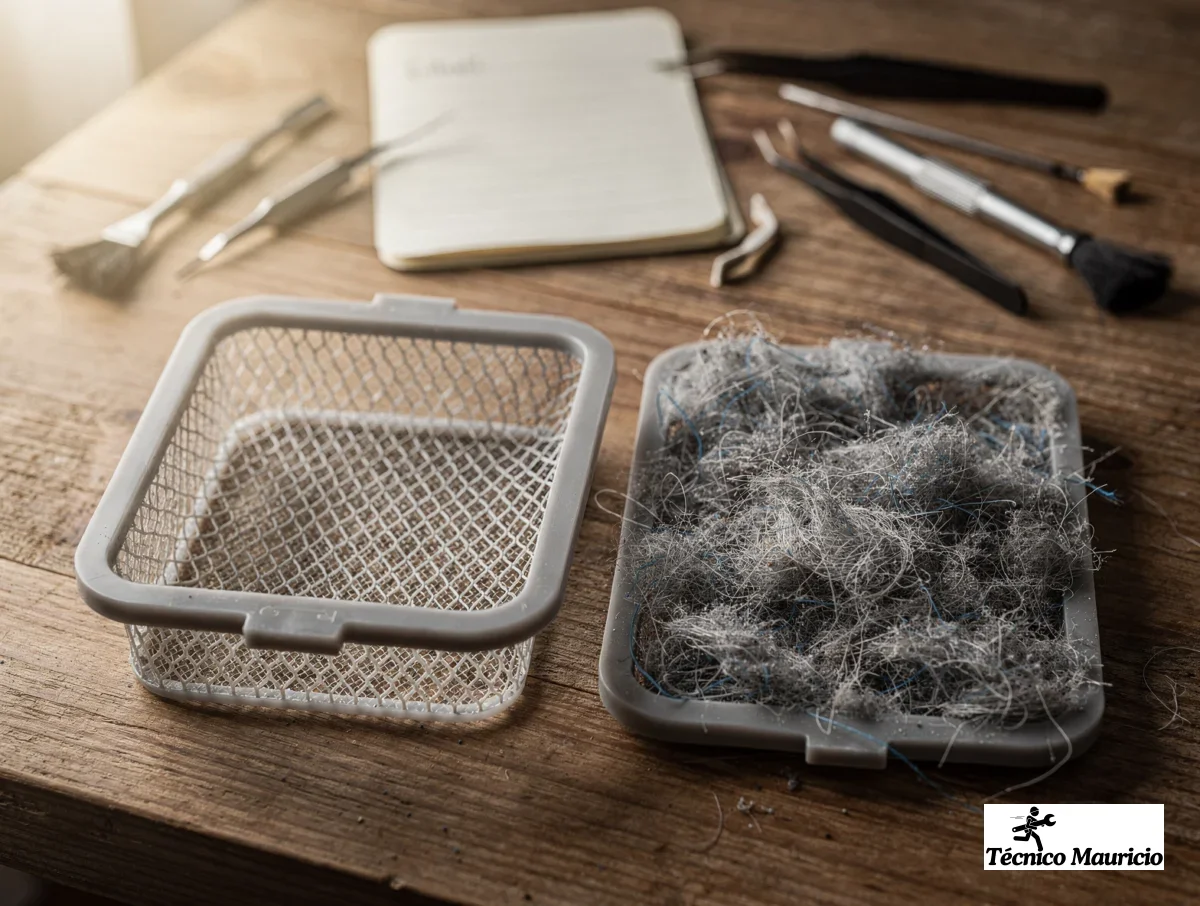 Filtros de pelusa limpios y saturados comparados sobre una mesa