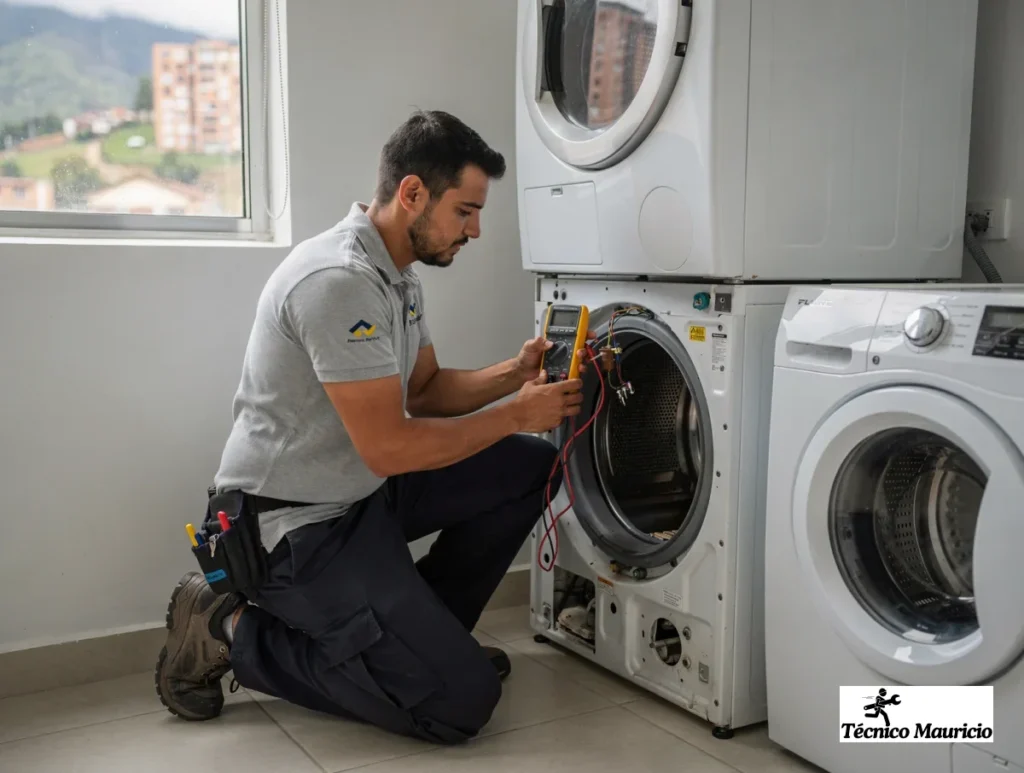 Técnico revisando una secadora con multímetro en un apartamento de Bogotá para arreglo de secadoras en Molinos Norte