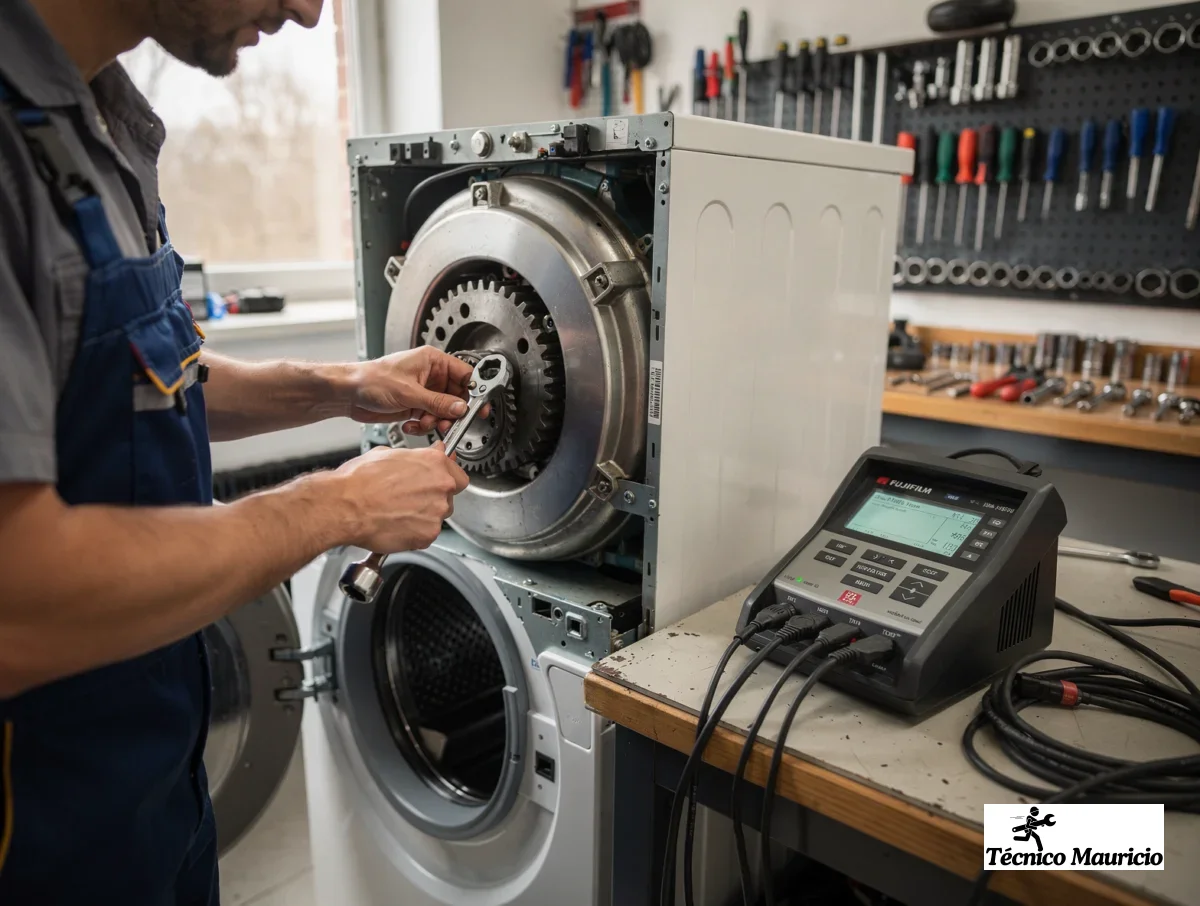 Técnico ajustando el sistema mecánico de una lavadora con herramientas de diagnóstico