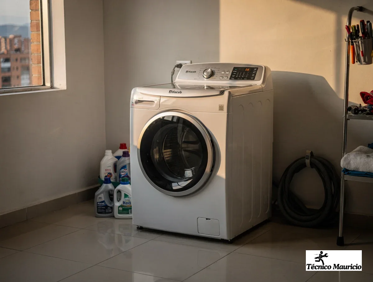 Lavadora Haceb ya funcionando en ciclo de centrifugado dentro de un apartamento
