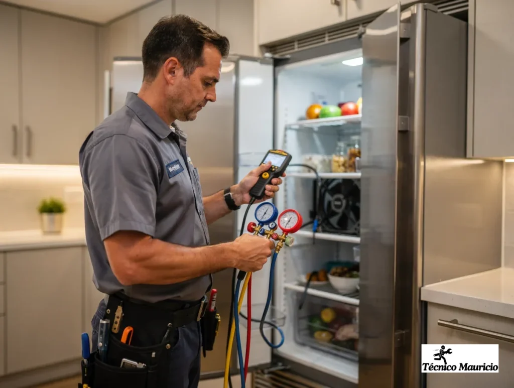 Técnico revisando una nevera con instrumentos de diagnóstico en una cocina moderna