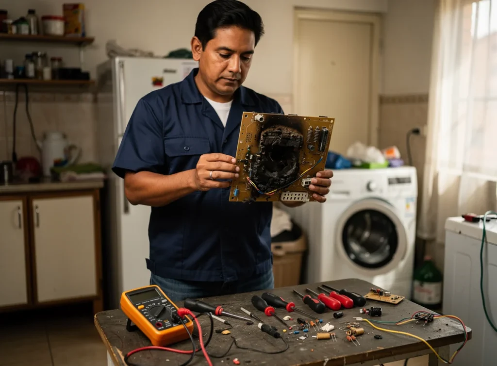 Técnico revisando una tarjeta electrónica dañada de una lavadora en Bogotá