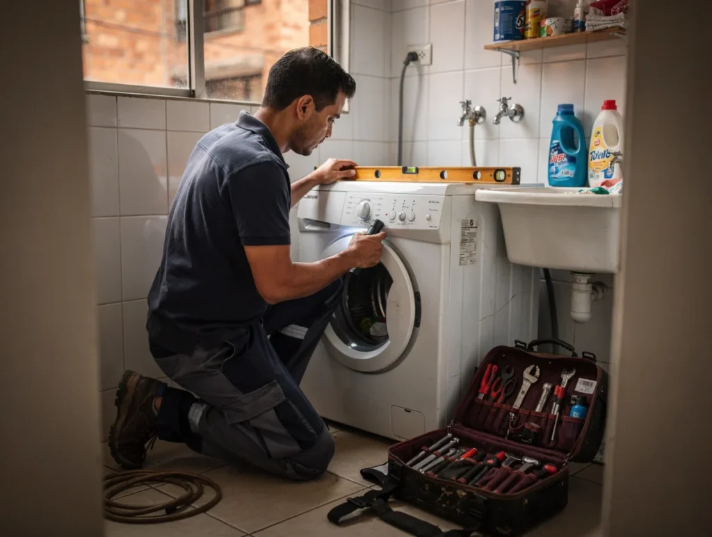 Técnico revisando vibración de una lavadora en un apartamento de Bogotá