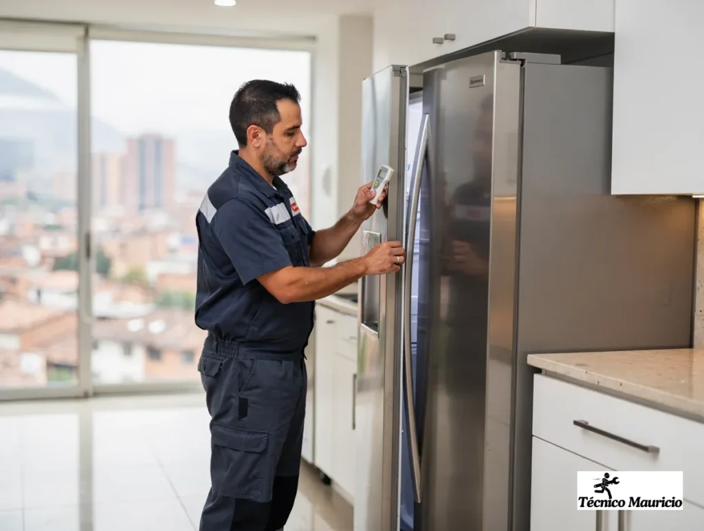 Técnico revisando mantenimiento correctivo de neveras en Chicó Navarra dentro de una cocina de apartamento