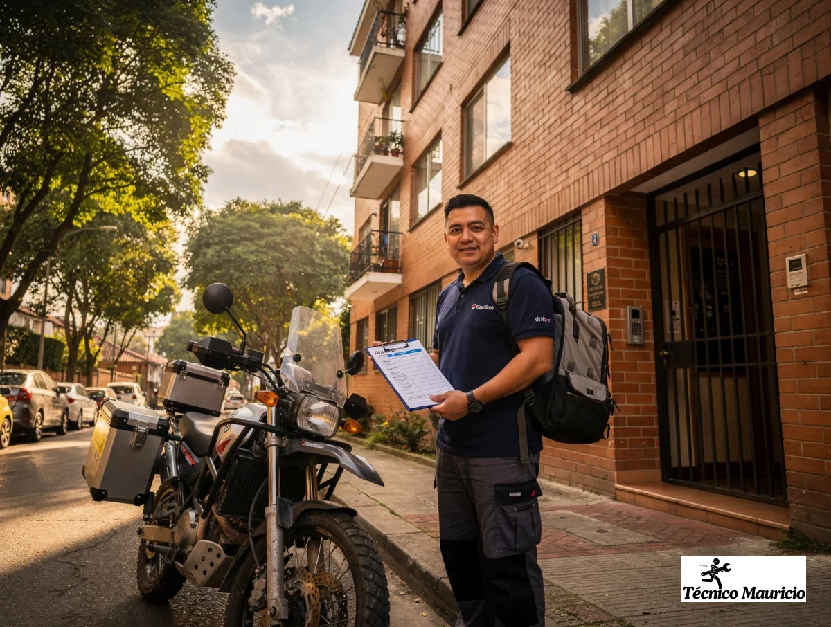 Técnico de electrodomésticos llegando en moto a una vivienda de barrio residencial