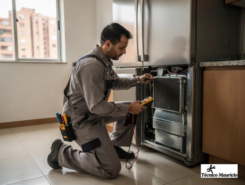 mantenimiento preventivo de neveras en Cedritos con un técnico midiendo la temperatura y revisando el condensador en una cocina