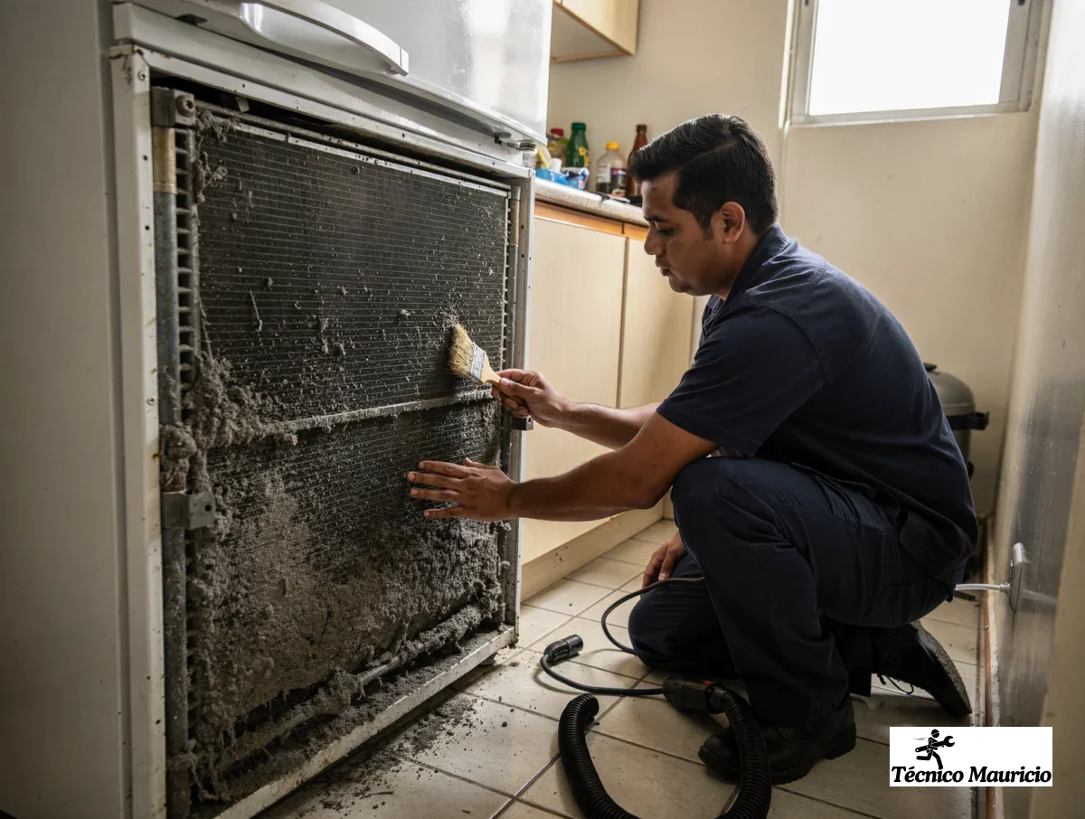 Técnico limpiando el condensador de una nevera dentro de una cocina de apartamento