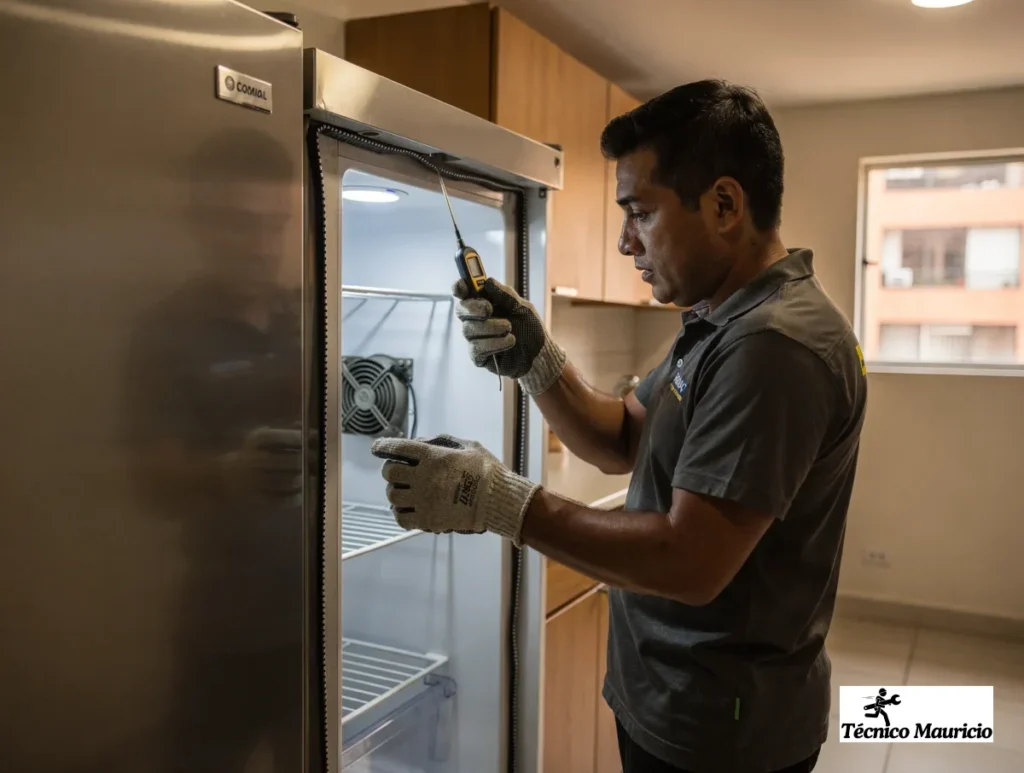 mantenimiento preventivo de neveras en Cedritos durante la prueba del ventilador y el sello de la puerta