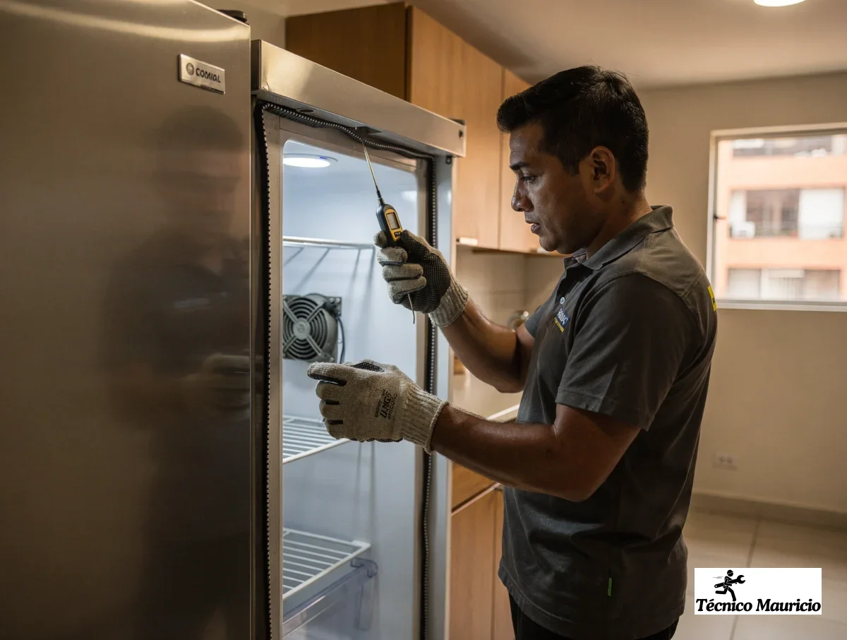 mantenimiento preventivo de neveras en Cedritos durante la prueba del ventilador y el sello de la puerta