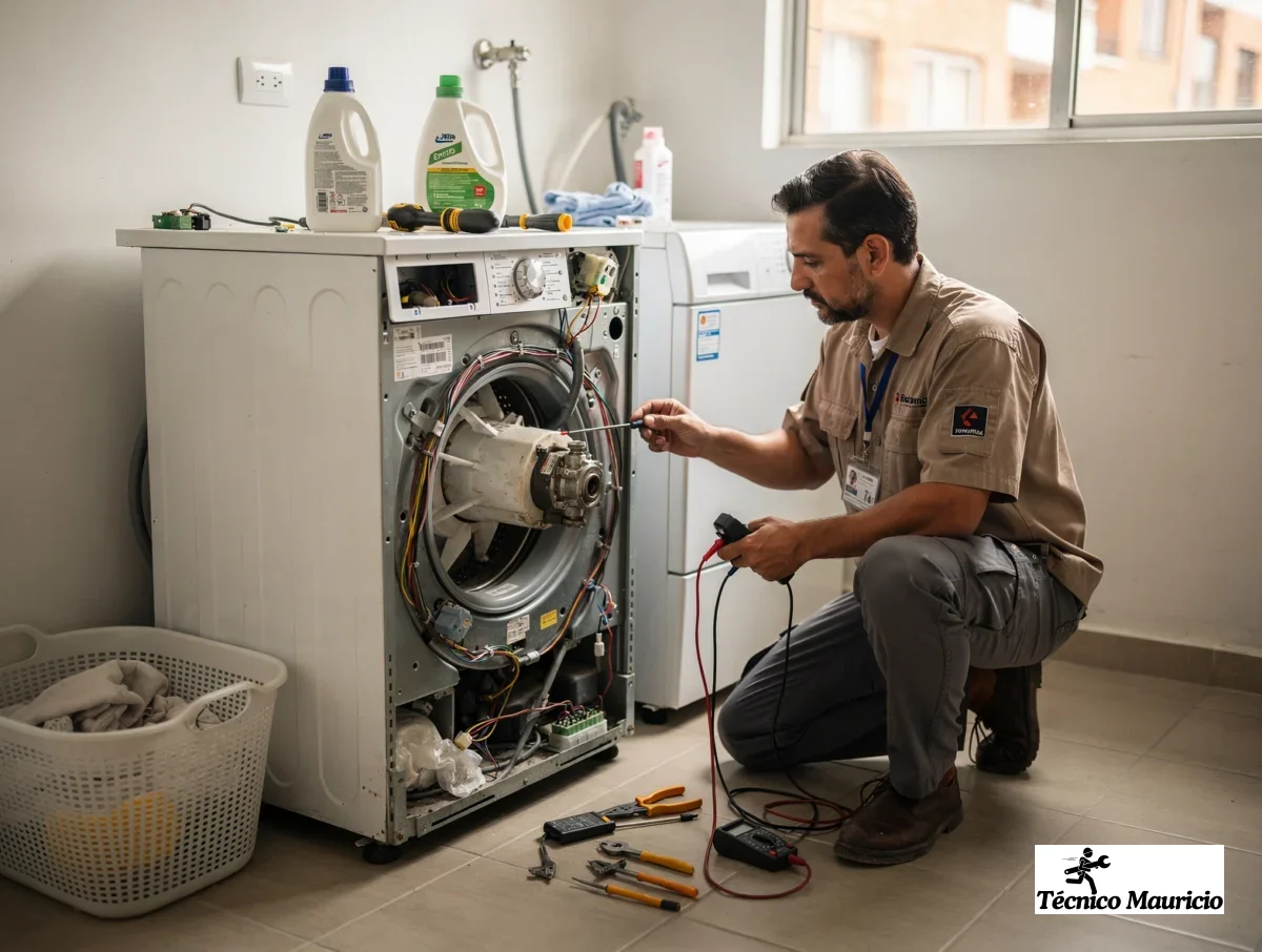Técnico revisando el actuador y el cableado interno de la lavadora