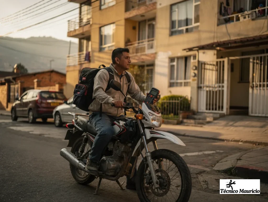 Mecánico de lavadoras en La Carolina llegando en moto con herramienta y multímetro