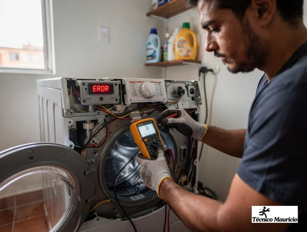 Panel de lavadora con error y medición eléctrica en una visita técnica