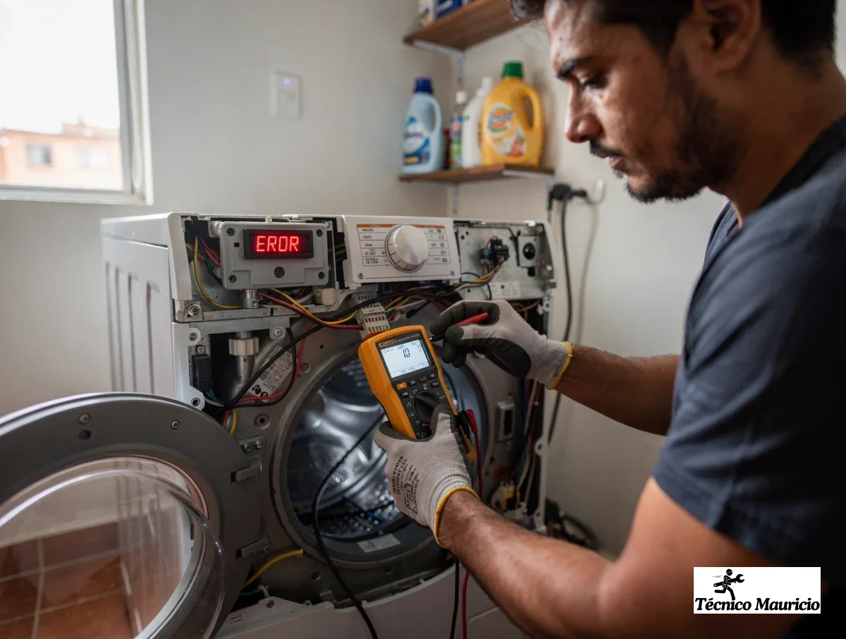 Panel de lavadora con error y medición eléctrica en una visita técnica