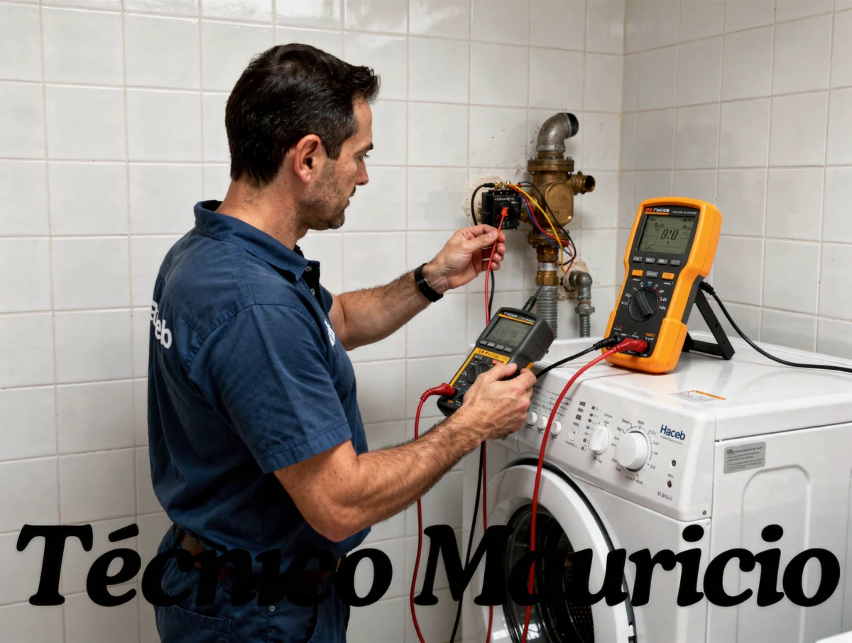A technician performing reparación de lavadoras Haceb en Cedritos Bogotá with multimeter tests and water inlet checks.