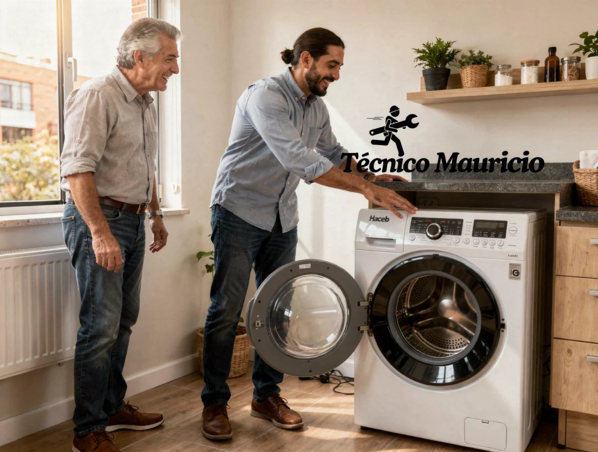 Lavadora funcionando bien al final del servicio en un apartamento ordenado.