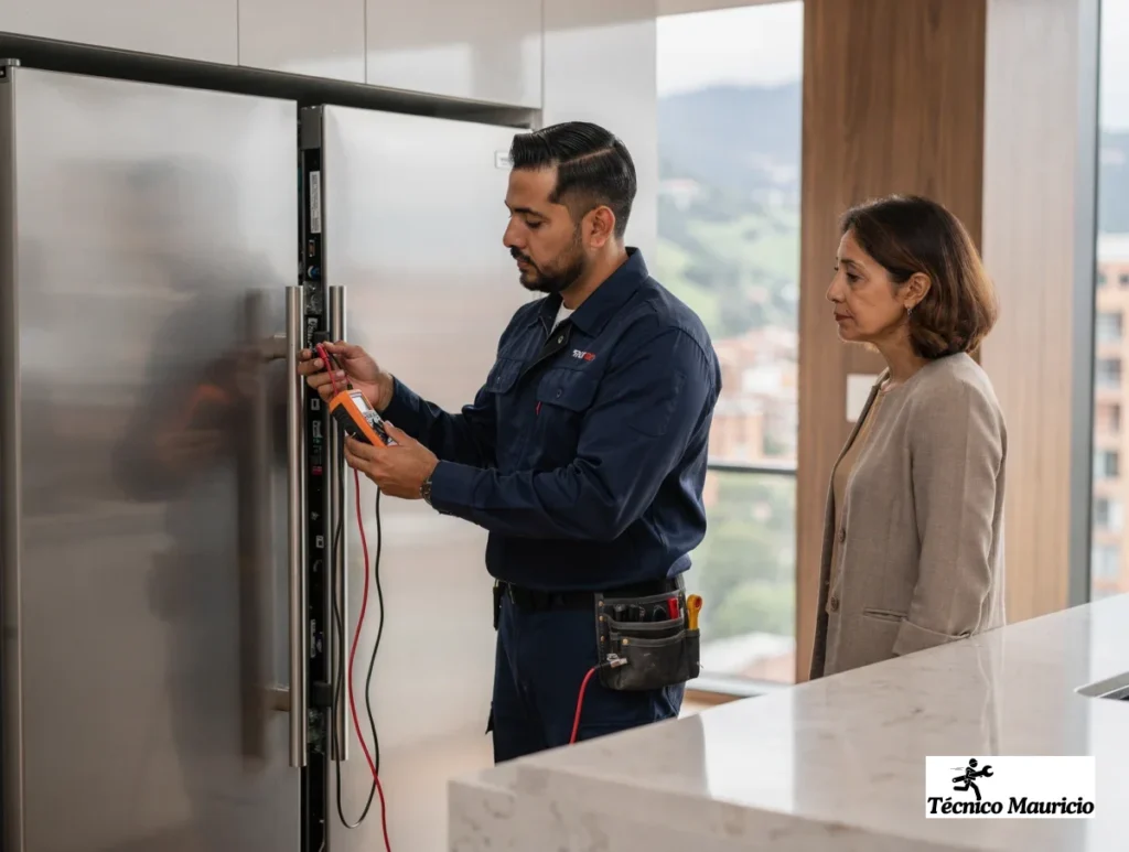 Técnico revisando reparación de neveras en El Nogal en una vivienda moderna de Bogotá