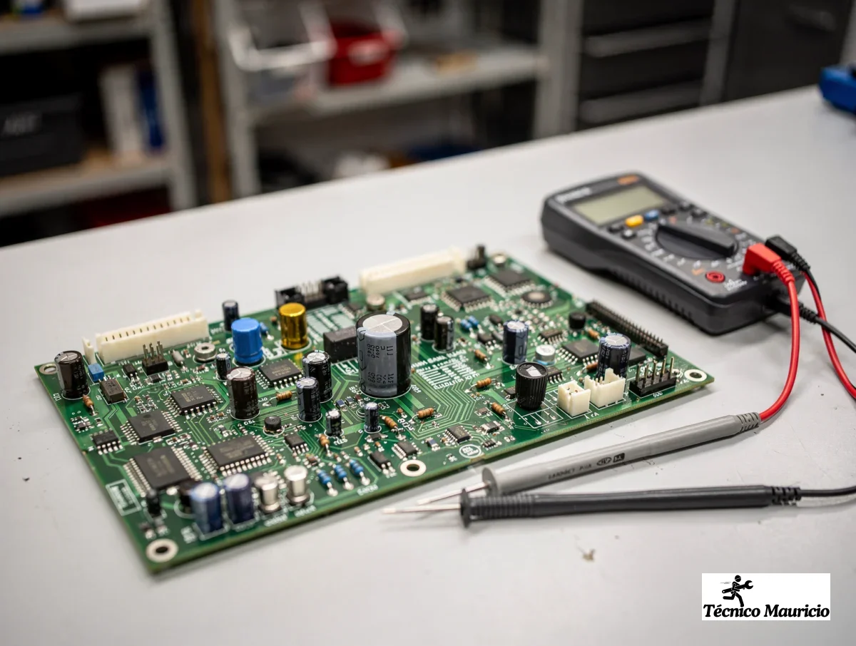 Revisión de tarjeta y conexiones Placa electrónica de nevera en revisión sobre una mesa de trabajo