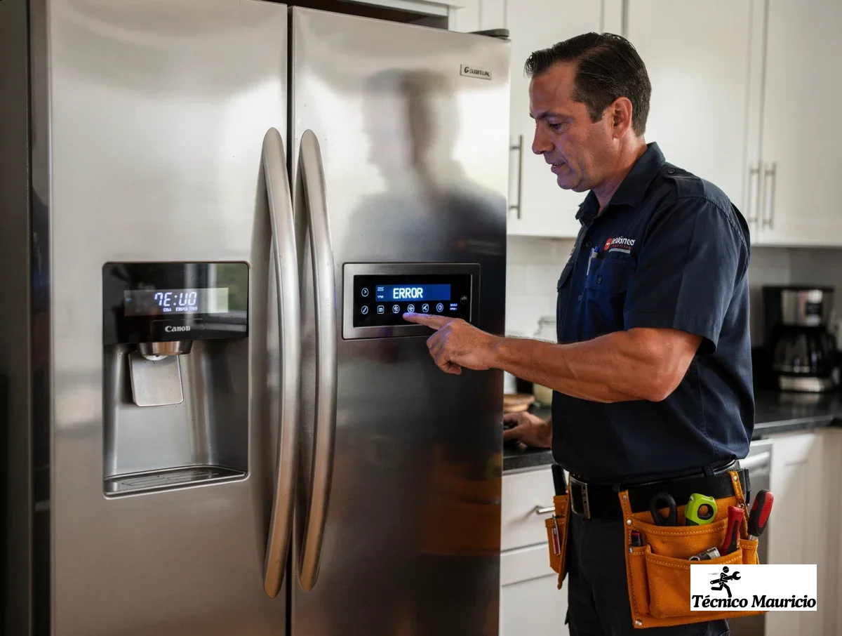 Cliente y técnico revisando el panel de una nevera en una cocina residencial