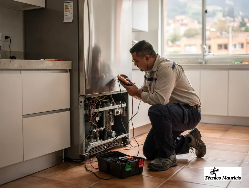 Reparación de neveras en Niza Norte: un técnico revisa la tarjeta de control con multímetro dentro de una cocina residencial