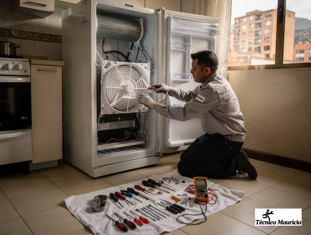 Técnico cambiando el ventilador del evaporador en una nevera durante una visita a domicilio