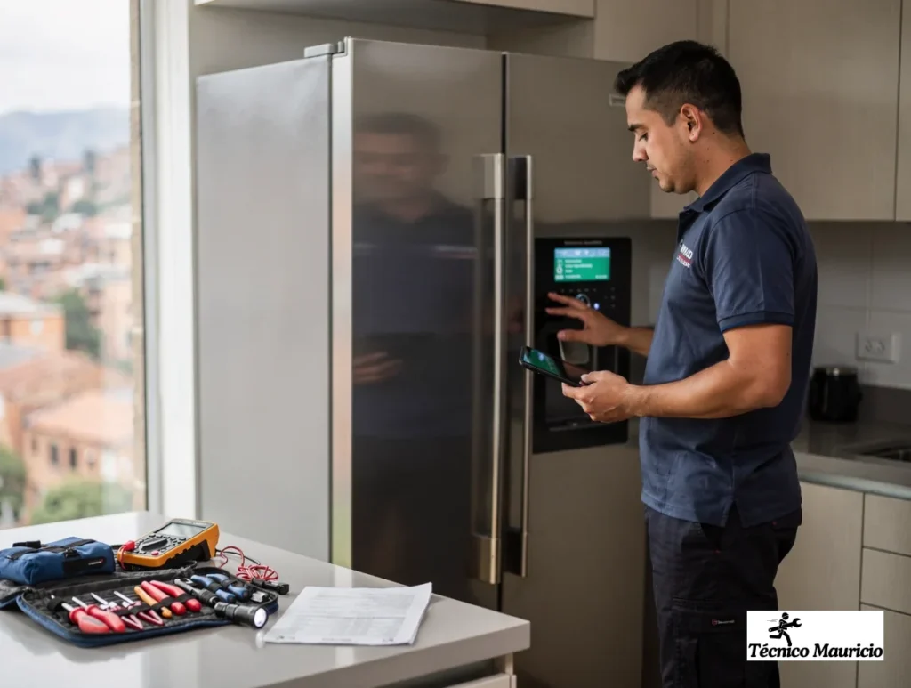 reparación de neveras en Parque de la 93 con un técnico midiendo el panel digital en una cocina moderna