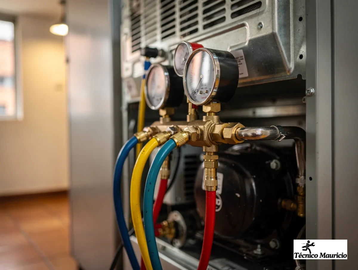 manómetros y bomba de vacío revisando un refrigerador durante una visita técnica