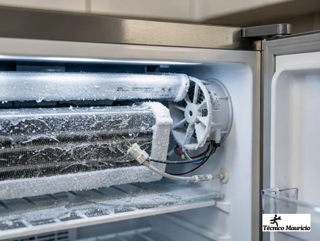 evaporador con escarcha y cableado revisado dentro de una nevera sin gente