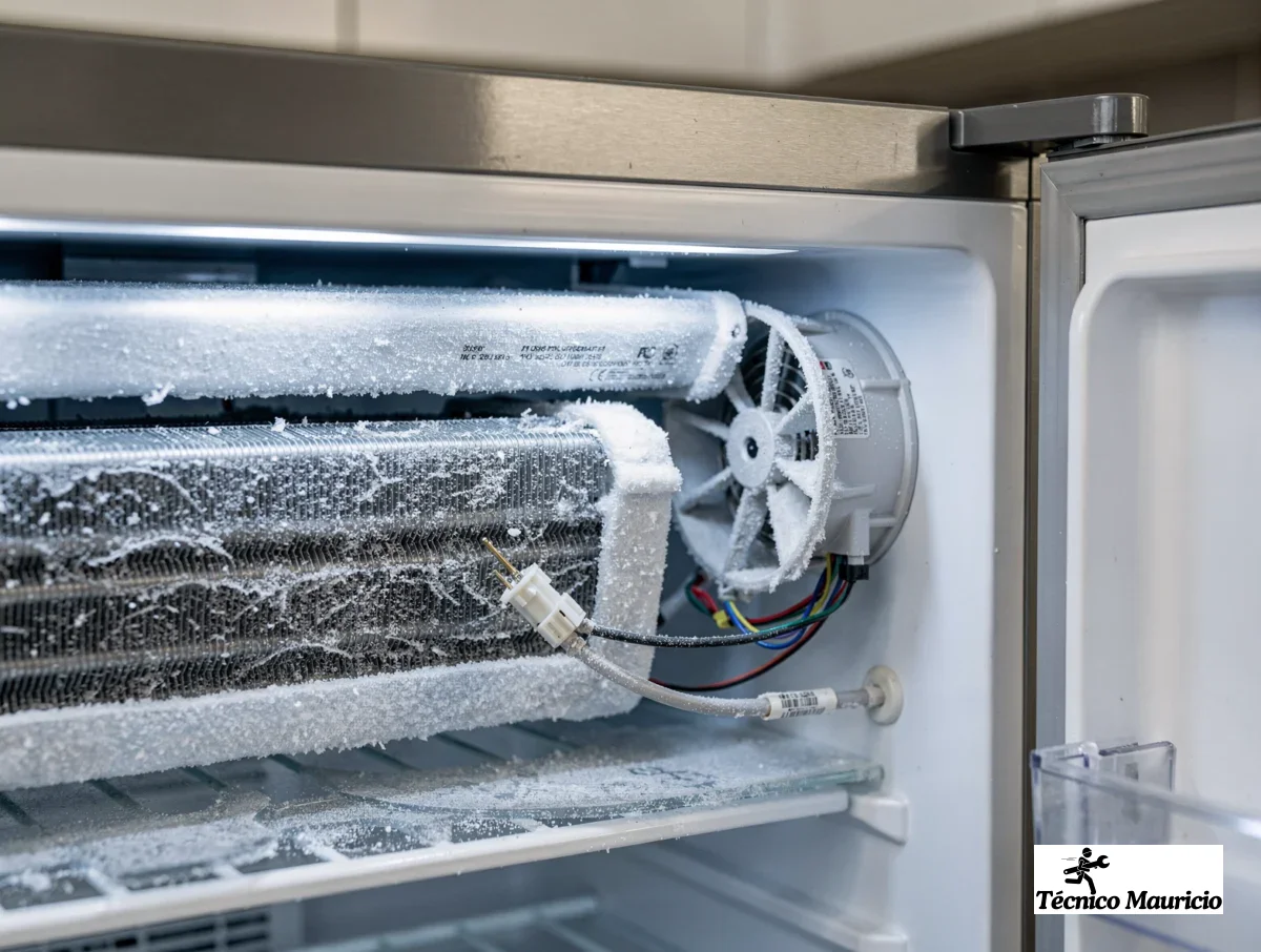 evaporador con escarcha y cableado revisado dentro de una nevera sin gente