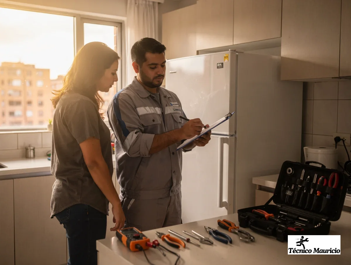 técnico y cliente revisando el diagnóstico final junto a la nevera