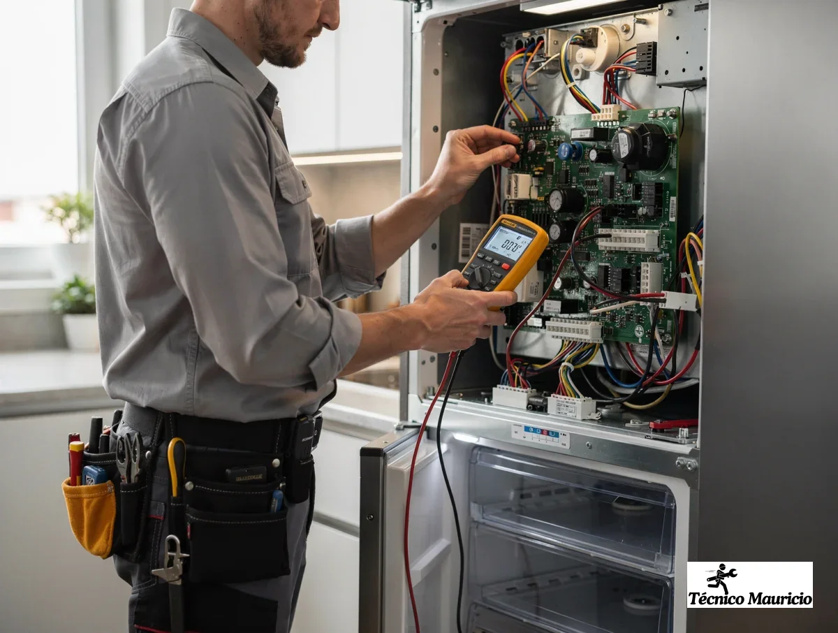 Técnico midiendo una tarjeta electrónica de nevera en una cocina residencial