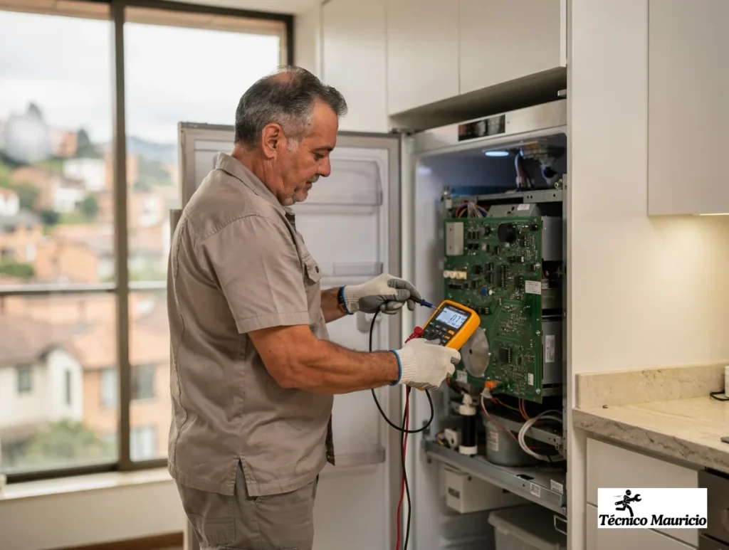 reparación de neveras en Santa Ana Oriental con técnico midiendo la tarjeta electrónica dentro de una cocina moderna