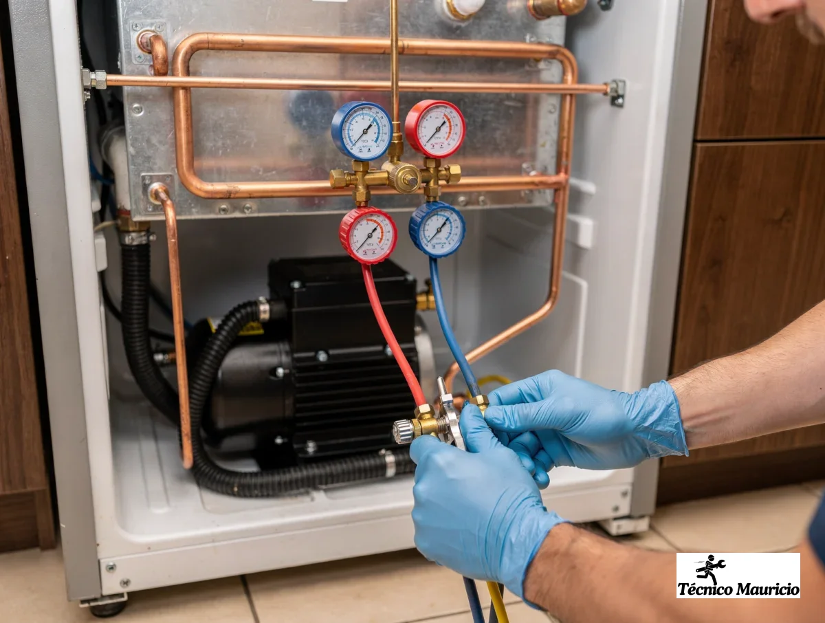 rear refrigerator repair setup with gauges and vacuum pump in a home kitchen