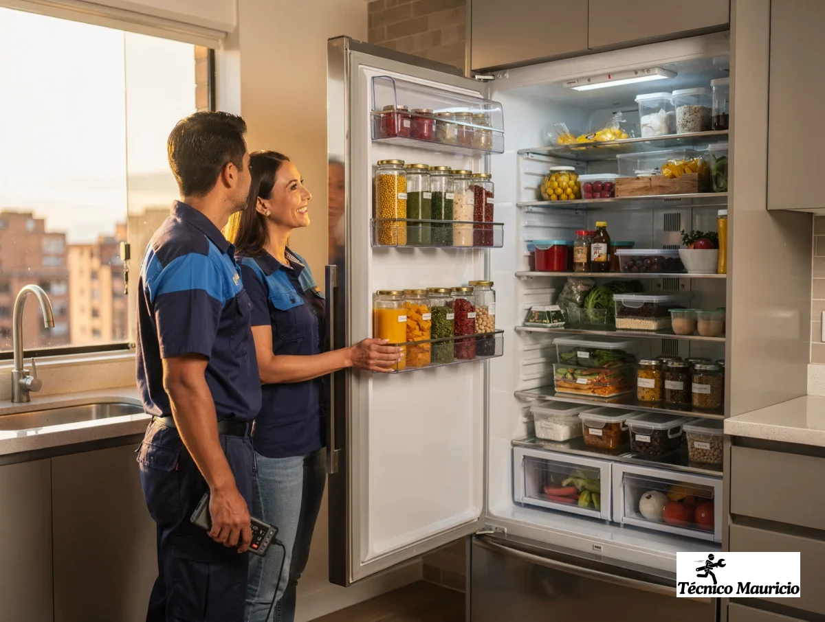 homeowner and technician checking a refrigerator after a successful repair