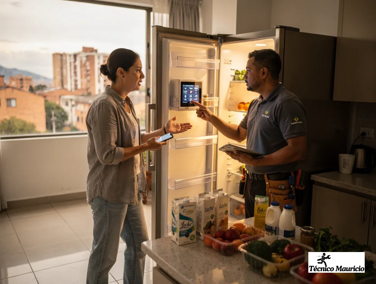 cliente y técnico revisando el panel de error de una nevera en casa