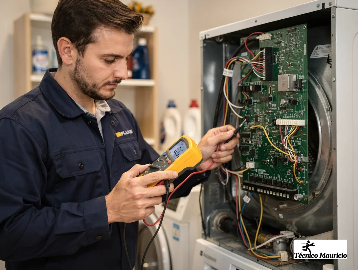 Técnico diagnosticando una secadora en una lavandería residencial