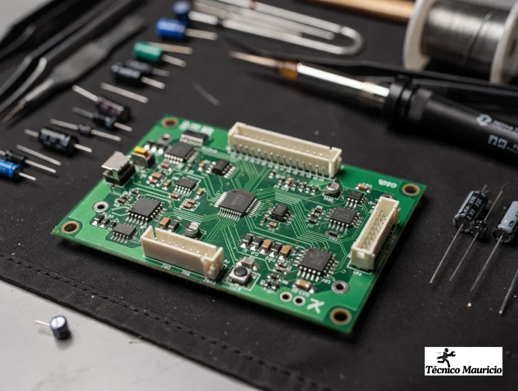 Placa electrónica de nevera sobre mesa de trabajo con herramientas de microelectrónica