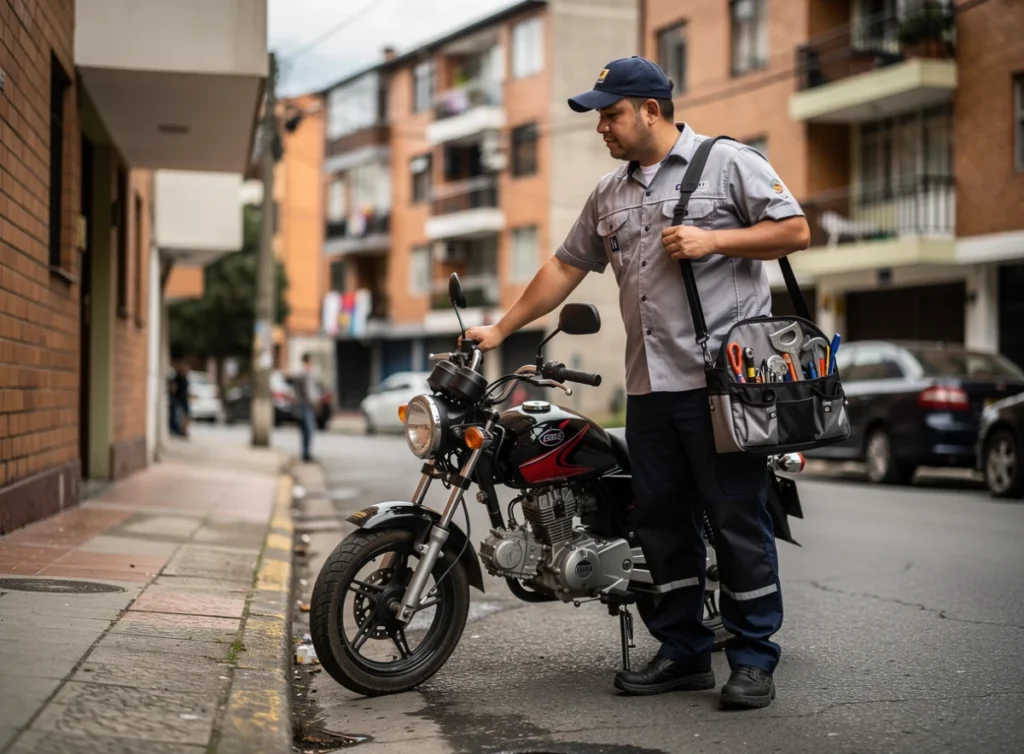 Técnico llegando en moto a un edificio residencial en Bogotá