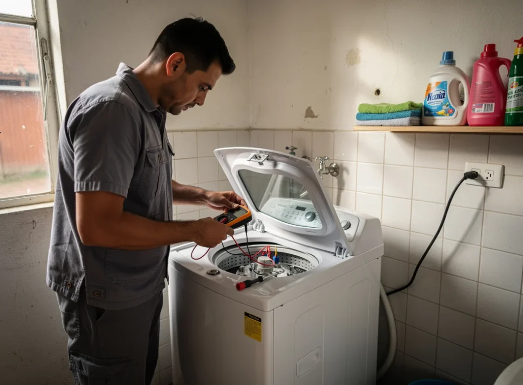 Técnico revisando una lavadora a domicilio