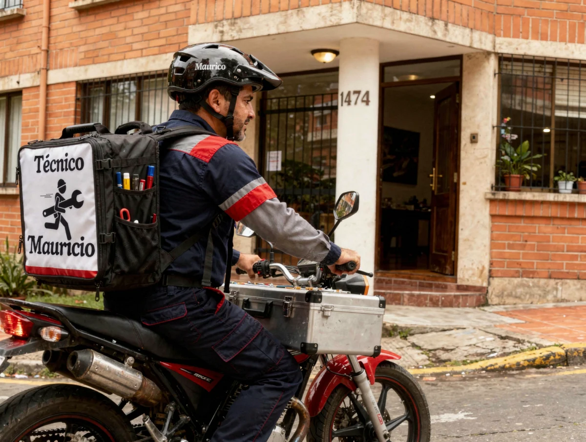 Visita técnica rápida en moto en Bogotá Técnico en moto llegando a una visita de servicio en Bogotá