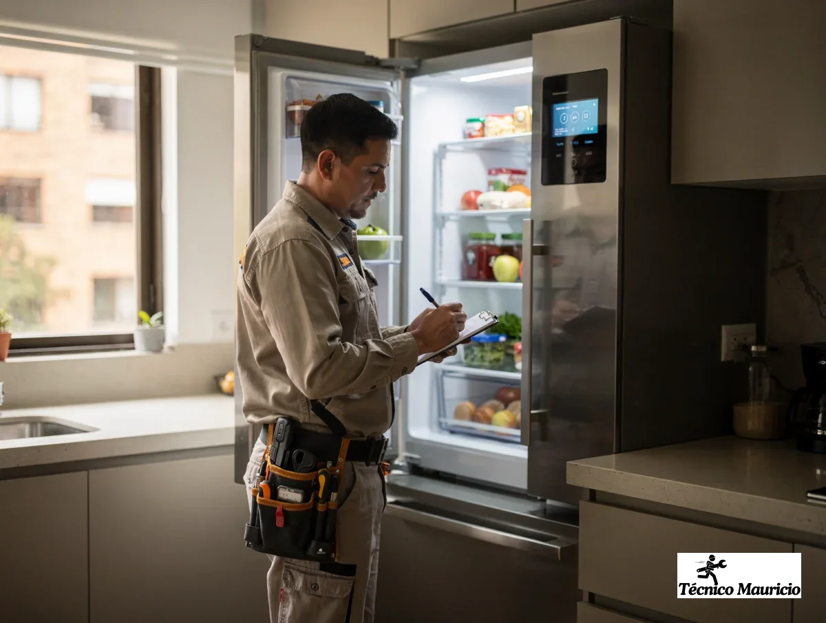 Refrigerator error diagnosis in a home kitchen Revisión de una nevera con panel electrónico en una cocina moderna.