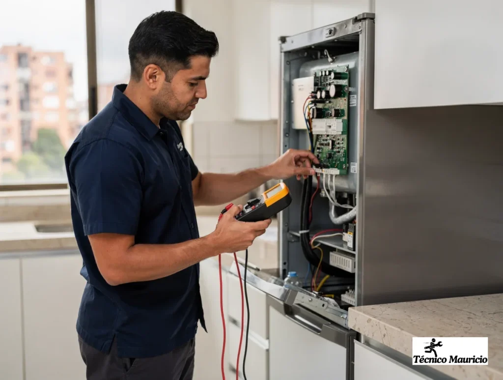 Técnico revisando servicio técnico de neveras en Chapinero dentro de una cocina moderna de Bogotá