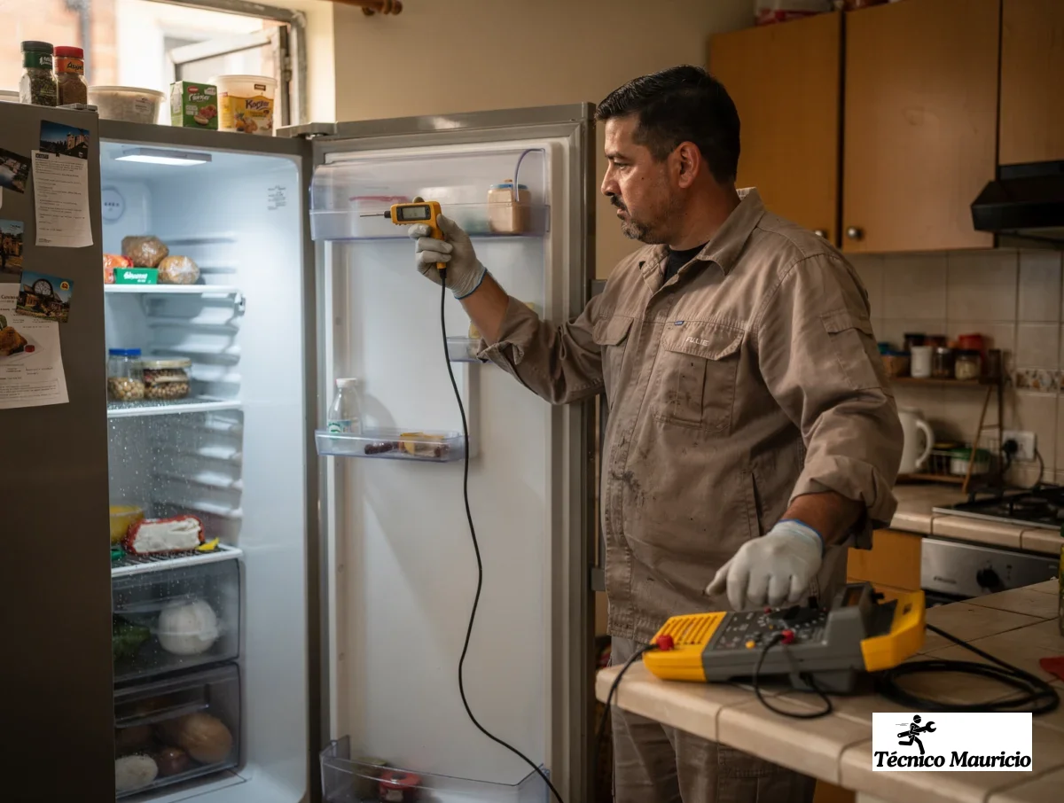 Técnico midiendo temperatura y voltaje durante el servicio técnico de neveras en Chapinero