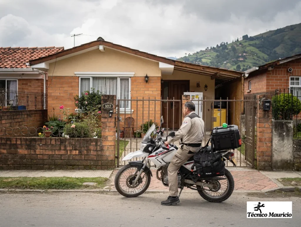 Técnico de neveras en Chía llegando en moto para diagnosticar una nevera en una casa residencial