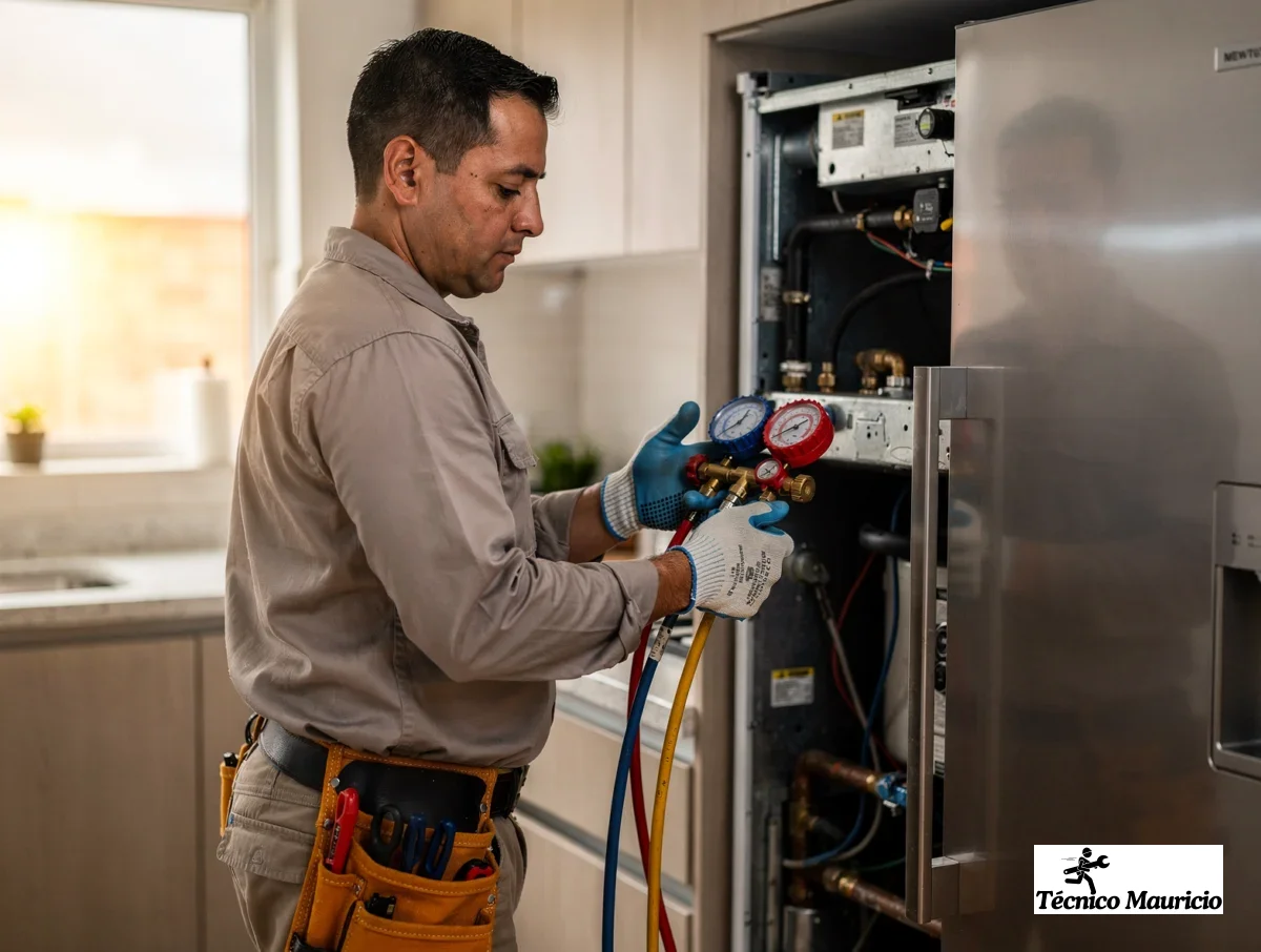 Técnico de neveras en Chía revisando una nevera No Frost junto al cliente
