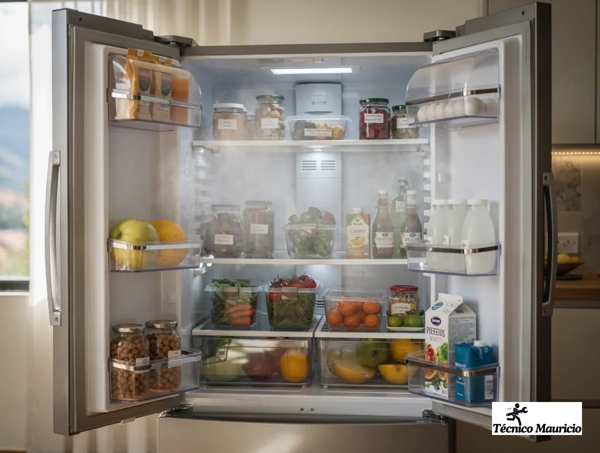 Interior de una nevera reparada con alimentos bien conservados