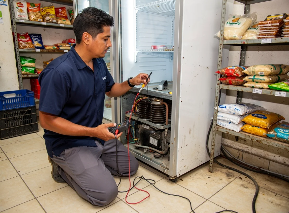 Revisión técnica a domicilio Técnico diagnosticando un congelador en un local de Bogotá