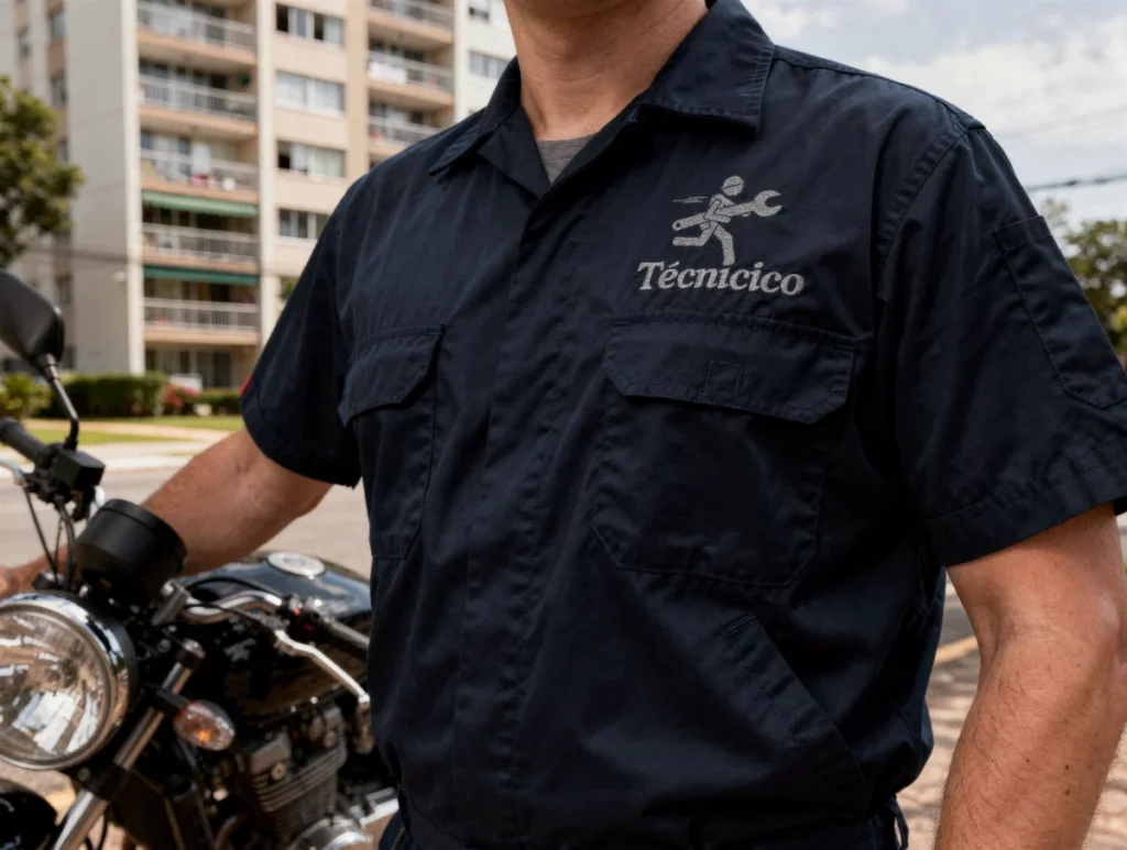 Técnico llegando en moto para revisar un nevecon en Bogotá